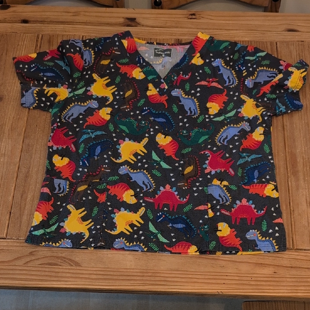 Butter Soft Multicolor Dinosaur Scrub Top, Size Large